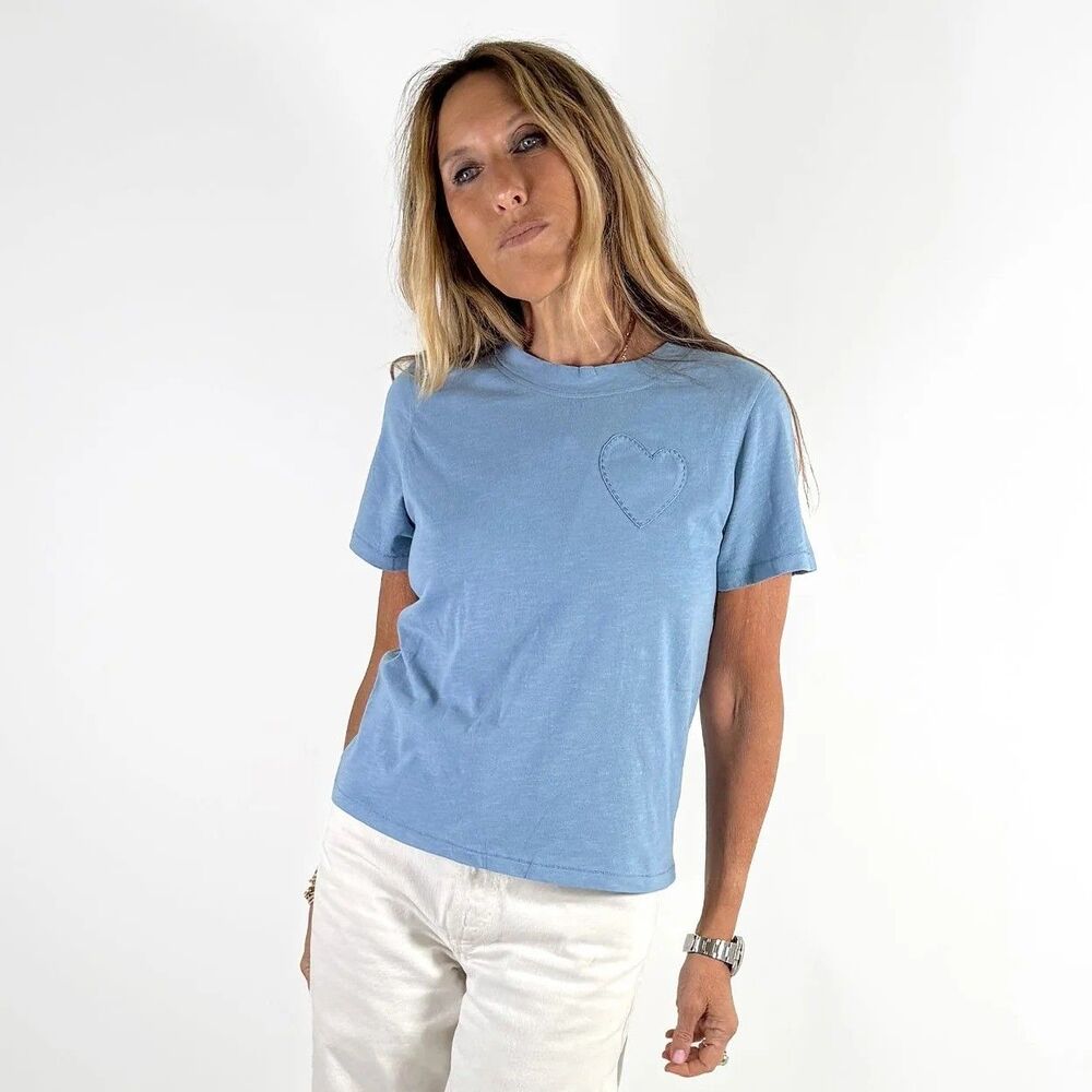 Kerri Rosenthal Heart Patch Slub Tee Blouse Top Cotton Solid Blue XS 291923